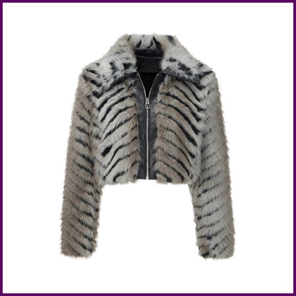 Faux Fur Leather Jacket Cropped Fleece Warm Zip Outerwear